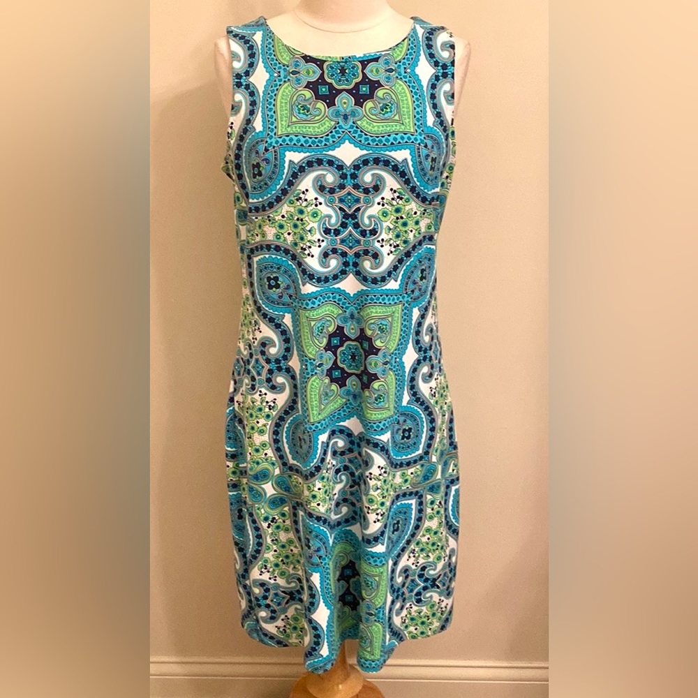 Charter Club Green Teal Blue Geometric SZ XL Mod Retro Preppy Office Chic Dress